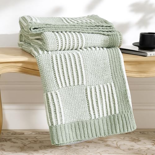 Amélie Home Knit Throw Blanket, Soft Chenille Cozy Breathable Dual Tone Checkered Chunky Decorative Blanket for Couch, Bed & Sofa, French-Inspired Lightweight Warm Gift for Women, Sage Green, 50"x60" - color: Checkered Sage Green&ivory, size: Dual Tone Ch