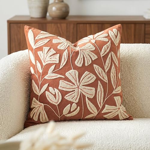 BlissBlush Throw Pillow Cover 20x20 Inch, Rust Terracotta Floral Tufted Velvet Decorative Accent Pillow Case for Sofa Bed Living Room, Cover Only - color: Orange Terracotta, size: 20" x 20" (Pack of 1)