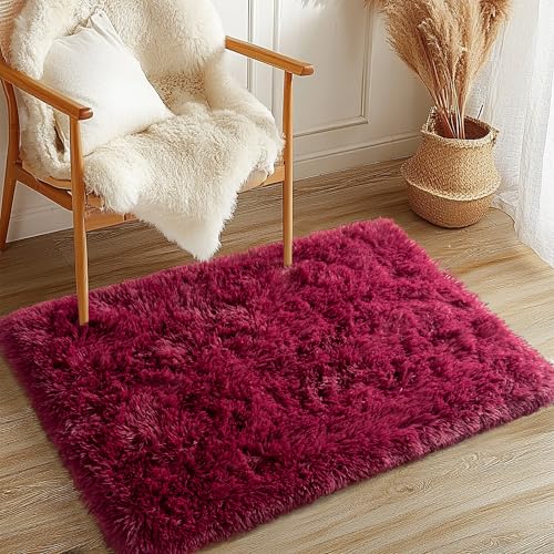 Awaytail 2x3 Rug - Non-Slip for Living Room - Height Pile 1.4" Plush Rug - Fluffy Throw Rugs Carpet for Bedroom - Burgundy - color: Burgundy, size: 2' x 3' (Rectangular)