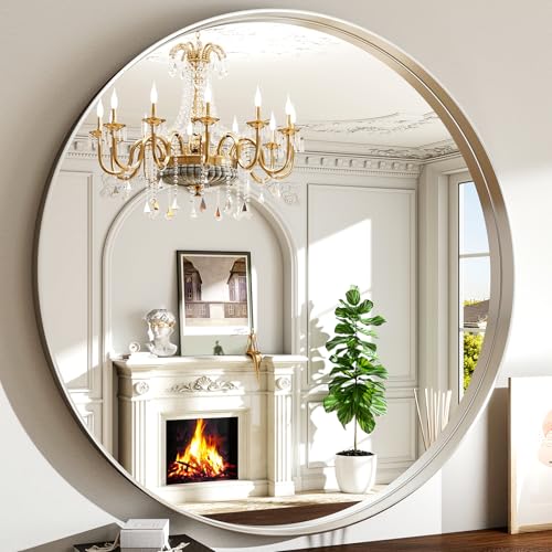 48 Inch Round Bathroom Mirror - Wall Mounted Circle Mirror with Metal Frame, Modern Mirror Suitable for Bathroom, Vanity, Entryway, Living Room, Wall Decor,Silver - color: Silver, size: 48"L x 48"W