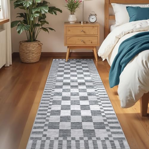 GarveeHome 2×6 Kitchen Runner Rug Non Slip,Grey Checkered Rug, Washable Runner Rug for Hallway Soft Low-Pile Geometric Modern Rugs for Entryway - color: Grey, size: 2' x 6' (Rectangular)