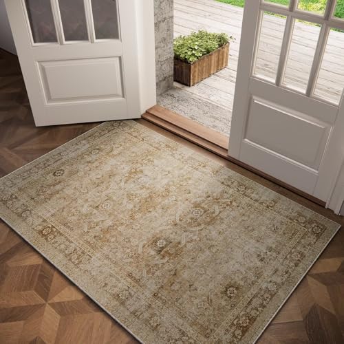 Washable 3x5 Entryway Rug, Boho Non-Slip Vintage Distress Small Rugs for Kitchen Nursery Office Bedroom, 0.3" Neutral Oriental Throw Thin Carpet with Cushioning Pad, Brown/Multi, C1 - color: Brown/Multi, size: 3' x 5' (Rectangular)