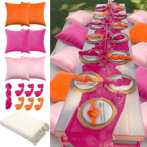 Beeveer 91 x 71 Extra Large Outdoor Boho Picnic Blanket with Tequila Table Runner, 6 Throw Pillow Covers 6 Napkins Woven Cotton Yarn Oversize Beach Blanket Washable Picnic Camp Wedding - color: Tequila