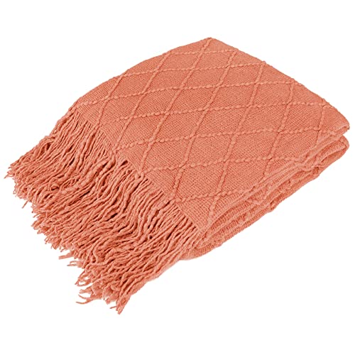 PAVILIA Coral Orange Knit Throw Blanket for Couch Bed, Soft Knitted Farmhouse Sofa Throw for Living Room, Lightweight Decorative Fall Throw Blanket for Chair, Outdoor Textured Boho Blanket, 50x60 - color: Coral Orange, size: 50 X 60 Inches - Throw