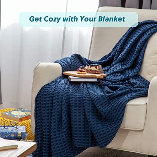 Bedsure Cooling Cotton Waffle Queen Size Blanket - Lightweight Breathable Summer Blanket of Rayon Derived from Bamboo for Hot Sleepers, Luxury Throws for Bed, Couch and Sofa, Navy, 90x90 Inches - color: Navy, size: Queen (90" X 90")
