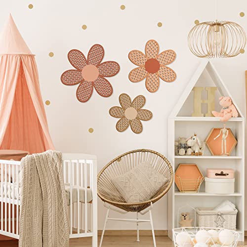 Maitys 3 Pieces Boho Daisy Wall Decor Natural Rattan Flower Wall Hanging Art Wooden Boho Art Nursery Flowers Farmhouse Hanging Decor for Home Office Nursery(Fresh Color) - color: Fresh Color