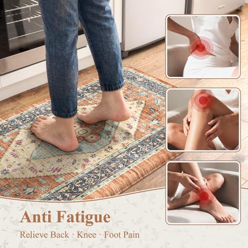 KIMODE Anti Fatigue Kitchen Mat for Floor, Boho Orange Kitchen Rugs Sets of 2, Cushioned Kitchen Floor Mats, Fall Kitchen Rugs Non Slip for Halloween Sink Laundry Desk Home 17"x47"+17"x29" - color: Orange, size: 17.3" x 47 "+ 17.3" x 29 "--0.47 inches