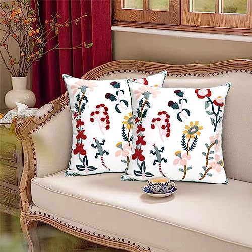 Pack of 2 Embroidered Decorative Throw Pillow Cover 18x18 Inch Farmhouse Floral Pillowcase for Living Room Sofa Bed (Gecko Floral) - color: Gecko Floral