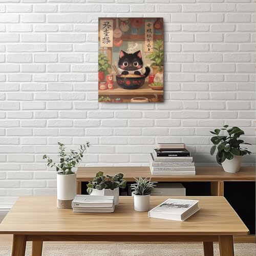 Cute Japanese Cat Eating Ramen Canvas Wall Art, Cat Aesthetic Framed Art Paintings Wall Decor Cats Lover Prints Picture for Living Room Dining Room Kitchen Farmhouse Decor 11.5x15 Inch - color: Multi 1377