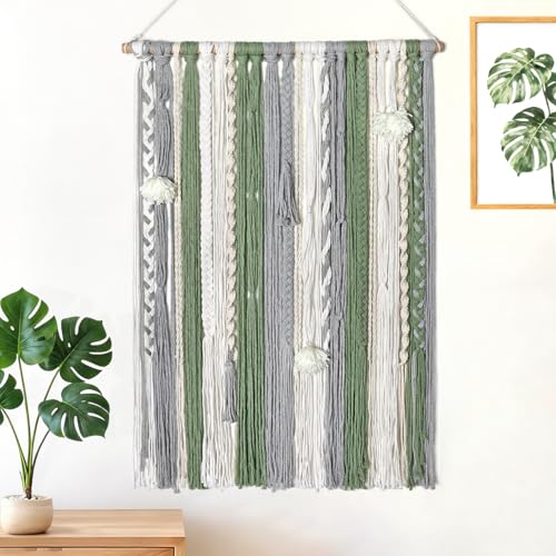 LOMOHOO Large Macrame Wall Hanging Boho Chic Home Decor, Green Gray Beige Yarn Tassel Woven Fringe Handmade Wall Art Decoration for Bedroom Living Room, Gift for Friend Girls Adults 23.6" Wx 34" L - color: Fringe Tassels