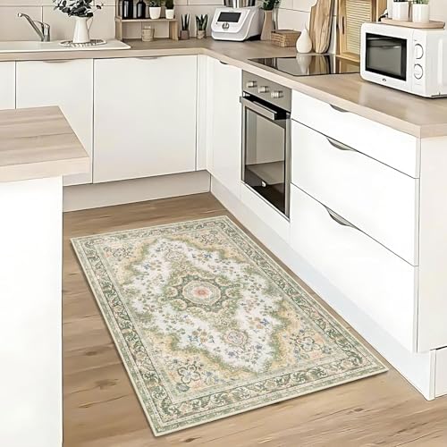 Small Rugs 2'x3',Green Rug for Entryway Bathroom Kitchen Entrance Doormat,Boho Vintage Bohemian Distressed Washable Accent Indoor Mat Floor Throw Carpet Non Slip,Sage Floral - color: Rug11-green, size: 2'x3'