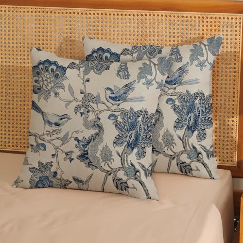 Chinoiserie Pillow Covers 16x16 Inch 2 Pcs Spring Navy Blue Floral Birds Decor Throw Pillows Vintage Flower Seasonal Outdoor Indoor Decoration Pillowcase Linen Cushion Cover for Couch Sofa Bed - color: Navy Blue Floral Birds, size: 16" x 16" (Pack of 2)