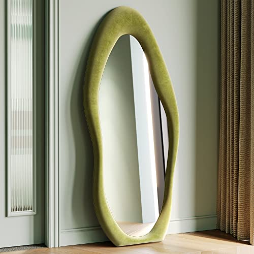 Honyee Full Length Mirror, 63" x 24" Wall Mirror, Flannel Wrapped Wooden Frame Floor Mirror, Irregular Wavy Mirror Hanging or Leaning Against Wall for Cloakroom/Bedroom/Living Room, Green - color: Green, size: 63"L x 24"W