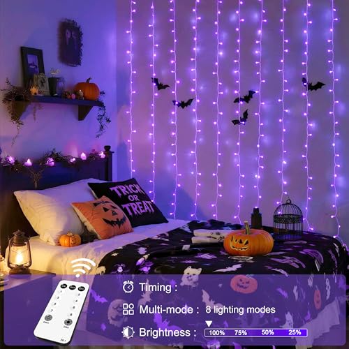 JMEXSUSS 300LED Purple Halloween Lights with Remote, 9.8x9.8ft Curtain Lights Plug in, 8 Modes Hanging String Lights for Indoor, Outdoor, Bedroom, Window, Party, Backdrop, Xmas, Halloween Decorations - color: Purple, size: 300 LED