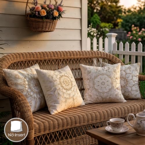 OBSEDE Golden Mandala Decorative Throw Pillow Covers 18x18 Inches Set of 4, Faux Linen Printed Cushion Covers for Couch Sofa Living Room Bedroom Home Decor - color: Golden Sacred Mandala