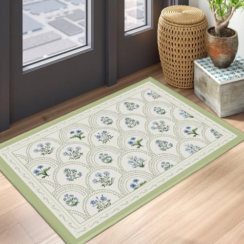 Blue Green Floral Block Print Area Rugs for Entryway 2x3 Vintage Flower Spring Summer Decorative Front Door Mat Boho Farmhouse Washable Non-Slip Low Pile Small Rug for Bedroom Bathroom Kitchen - color: Blue Green Floral