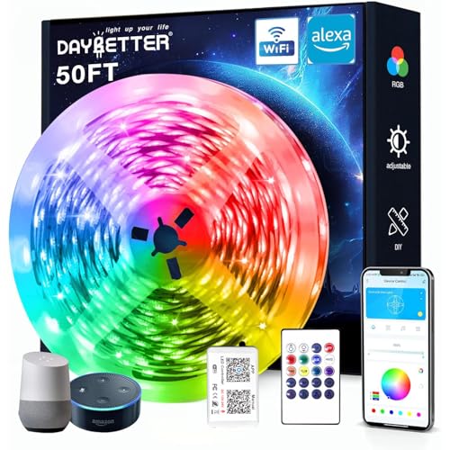 DAYBETTER Smart WiFi Led Lights, 50 FT RGB Led Strip Lights Compatible with Alexa and Google Assistant, App Voice Remote Control Music Sync Color ChangingLED Strip Lighting for Bedroom Room Decor - size: 50FT