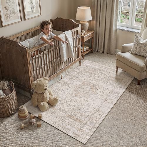 3x5 Washable Area Rug Beige Vintage Non Slip Soft Low Pile Rug for Entryway Kitchen Bathroom Distressed Oriental Throw Carpet for Living Room Bedroom Home Decor - color: Light Beige, size: 3' x 5' (Rectangular)