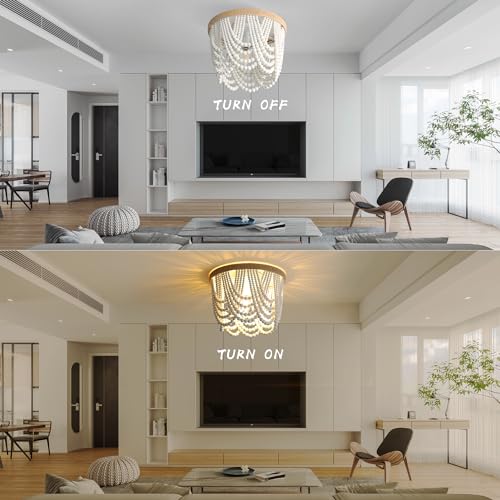 Bohemian Wood Beaded Ceiling Lamp 3-Light – Antique Rustic Mini Chandelier with White Beads for Bedroom, Nursery, Girls' Room, Dining Room, Hallway Entryway - color: White