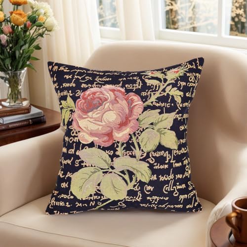 18x18 Tapestry Pillow Cover, Jacquard Woven Pink Rose with Calligraphy Script, Vintage Floral Decorative Throw Pillow Sham for Couch, Victorian Accent Cushion Case (Antique Charcoal & Script Rose) - color: Antique Charcoal & Script Gold Rose
