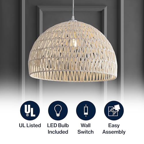 JONATHAN Y 20" Cream Modern Bohemian Woven Rope LED Pendant Light Fixture, Adjustable Dome Ceiling Lamp for Kitchen Island, Rope Shade, Coastal Farmhouse Decor JYL6504A - color: Cream, size: 20"