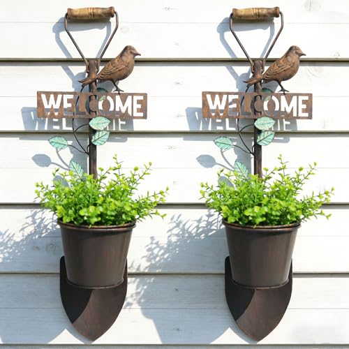 2Pcs Metal Wall Planter,Vintage Wall Hanging Planter with Welcome Sign, Rustic Farmhouse Wall Decor with Bird, Garden Wall Plant Holder for Porch Patio Entryway