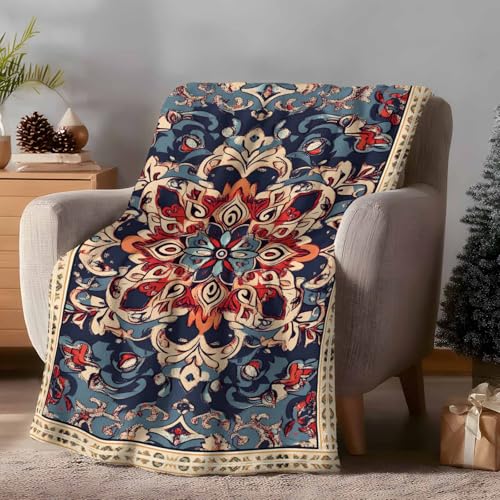 Bohemian Throw Blanket for Couch Gifts for Women Blue Retro Boho Ethnic Farmhouse Colorful Flannel Cozy Soft Thick Blankets Warm Plush Fleece Blanket for Bed Sofa 50" x 60" - size: 50" x 60"