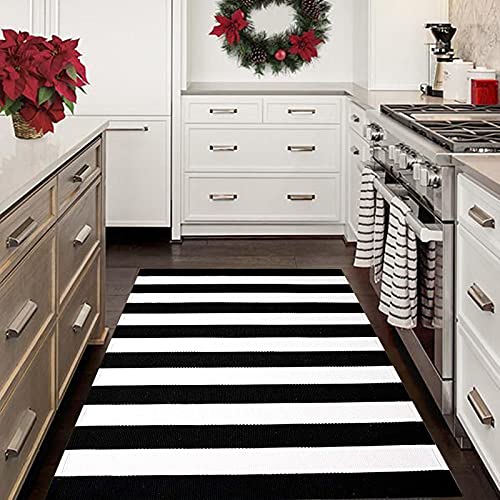 Black and White Outdoor Rug 35.4 x 59 Inches Striped Front Door Mat Front Porch Rug Hand-Woven Machine Washable Indoor/Outdoor Layered Door Mats for Entryway/Porch/Patio - color: Black&white Stripe D, size: 3' x 5' (Rectangular)