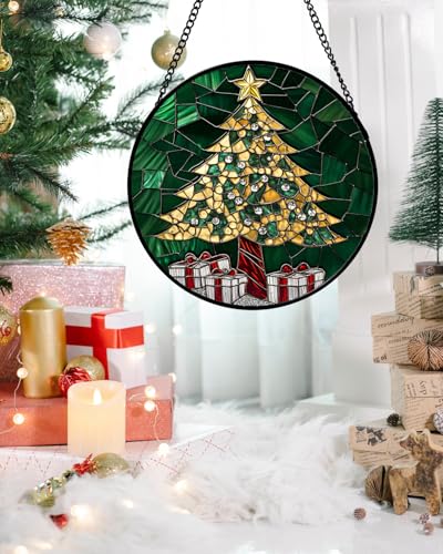 Stained Glass Window Hanging - Gold Green Christmas Tree Suncatcher for Doors Home Christmas Decoration Winter Sun Catcher Thanksgiving New Year Birthday Gifts for Women Men Mom Nana 6.3 in - color: Green and Gold, size: 6.3x6.3 IN