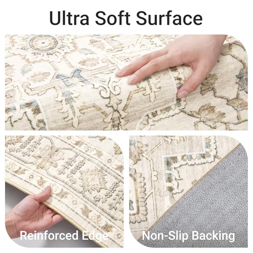 befbee 5x7 Area Rug for Living Rooms, Stain Resistant Neutral Washable Rugs for Dining Rooms, Floral Vintage Non-Slip Thin Large Size Area Rugs(Beige) - color: Beige, size: 5' x 7' (Rectangular)