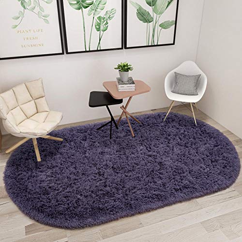 junovo Ultra Soft Washable Shaggy Rug - Non-Slip Oval Carpet for Nursery, Kids Bedroom & Home Decor (2.6x5.3ft Gray-Purple) | Plush Fluffy Floor Mat for Cozy Living Spaces - color: Grey-purple, size: 2.6' x 5.3'