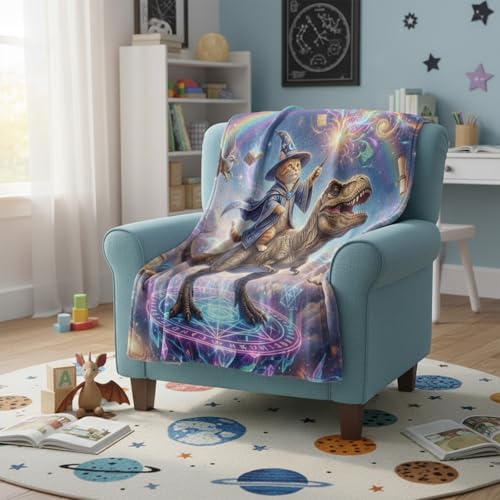 Neasow Funny Cat Witch Dinosaur Throw Blanket, Galaxy Space Rainbow Flannel Fun Blanket, Super Soft for Couch Dorm Sofa Room, Gifts for Kids Teens Boys, 50×60 inch - color: Cat Witch Dinosaur, size: 60"L x 50"W