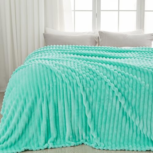 NEWCOSPLAY Super Soft Queen Blanket Aqua Premium Silky Flannel Fleece 3D Ribbed Jacquard Lightweight Bed Blanket All Season Use (Aqua Ribbed, Queen(90"x90")) - color: Aqua Ribbed, size: Queen(90"x90")