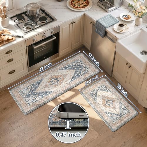 KIMODE Kitchen Rugs and Mats 2PCS Cushioned Anti Fatigue Kitchen Mat Non Slip Paded Kitchen Runner Rug Boho Vintage Mats Blue Gold Rugs for Kitchen Floor, Home Decor, Office, Laundry, Desk, Bathroom - color: Gold Blue, size: 17.3" x 47 "+ 17.3" x 29 "--0.