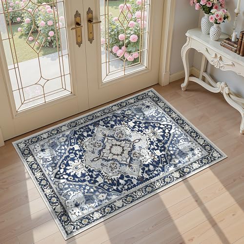 2x3 Blue Waterproof Entry Rug - Non-Slip Washable Mat Low Pile Boho Farmhouse Doormat for Bathroom, Kitchen, Entryway - Small Area Indoor Carpet, Vintage Modern Easy Clean Floor Mat, Navy Blue Multi - color: Navy Blue& Multi, size: 2' x 3' (Rectangular)