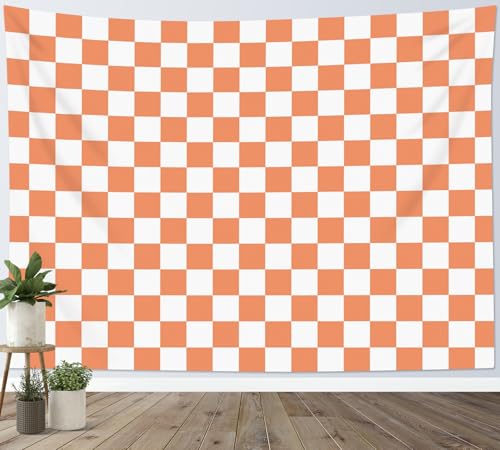 HVEST Vintage Checkered Tapestry Wall Hanging Orange Checkered Plaid Pattern Tapestries Modern Minimalist Tapestry for Bedroom Aesthetic Living Room Dorm, 51L x 59W Inches - color: Orange, size: 51"L x 59"W