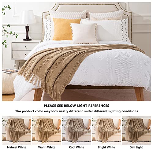 BATTILO HOME Boho Farmhouse Throw Blanket for Couch & Bed | Soft Polyester Fringe, 50x60 Tan Taupe Living Room Decor - color: Tan, size: 50 x 60 in.