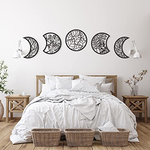 Jetec 5 Pcs Moon Phase Wall Art Decor Wall Pediments Hanging Wooden Phase Spiritual Bedroom Nordic Boho Lunar Aesthetic Art for Living Room Dorm Apartment Ornament(Black,10.6 Inch,Botanical) - color: Black, size: 10.6 Inch