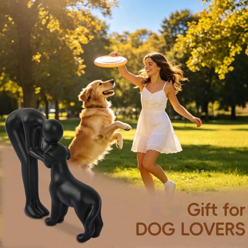 Abstract Resin Hand-Painted Sculpture of Person and Dog Bonding – Head-to-Head Intimate Figurine Decoration for Office、Living Room、Bedroom、Home， Memory Gifts for Pet Lovers (Black) - color: Black
