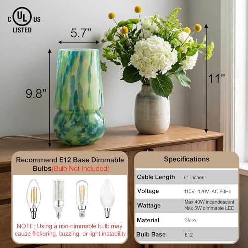 9.8 Inch Mushroom Table Lamp, UL Listed Dimmable Small Desk Bedside Lamp with Woven Beige Cord, Handcrafted Pattern, Murano Home Decor for Bedroom, Living Room, Emerald Teal, No Bulb Included - color: Emerald Teal