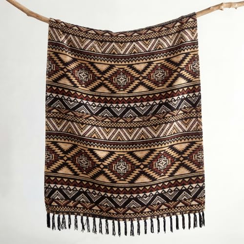 CASAAGUSTO Boho Throw Blanket with Tassel, Farmhouse Western Flannel Bohemian Blanket, Vintage Native Mexican Decorative Throw, Ideal for Gifting (60x80 Inches, Brown Black) - color: Brown Black, size: 60X80