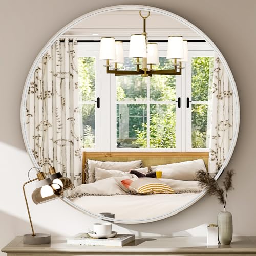 32 Inch Round Bathroom Mirror - Wall Mounted Circle Mirror with Metal Frame, Modern Style Suitable for Bathroom, Vanity, Entryway, Living Room, Wall Decor,Silver - color: Silver, size: 32"L x 32"W