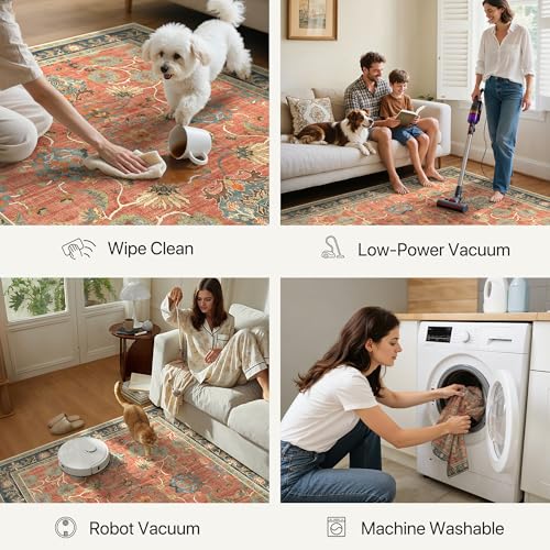 Bavni 2x5 Washable Runner Rug Non Slip, Vintage Distressed Accent Hallway Runner, Low Pile Coral Red Blue Carpet Stain Resistant, Kitchen Runner Floral Rugs for Entryway, Bedroom, Laundry, Nursery - color: Coral Blue, size: 2' x 5' (Rectangular)