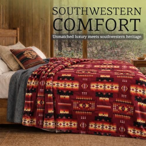 Sacred Thread Aztec Blanket Fleece, Reversible Native American Blanket, Western Throw, Native American Western (Burgundy Flannel), Full (60”x80”) - color: Burgundy Flannel, size: Full (60”x80”)