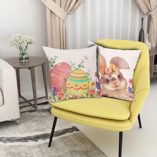 Happy Easter Pillow Covers 16x16 Inches Easter Bunny Rabbit Throw Pillow Case Set of 2 Colorful Eggs Pillow Cover Cotton Linen Spring Floral Cushion Cover for Home Couch Sofa Bedroom Livingroom - color: Easter Bunny231123, size: 16" x 16" (Pack of 2)