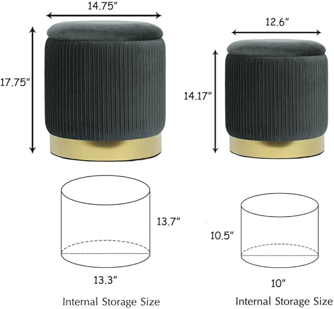 Round Ottoman with Storage Set of 2 Upholstered Velvet Vanity Stool for Living Room Storage Ottomans Multifunctional Foot Rest (Gray)