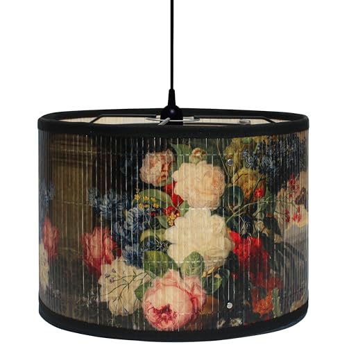 Retro Lamp Shade, E27 11.8"x7.9" Vintage Printed Art Deco Chandelier Cover Lampholder, Unique Drum Spider Japanese Tropical Funky Decorative Bamboo Lampshade for Hanging Table Floor Light (Flower) - color: Flower