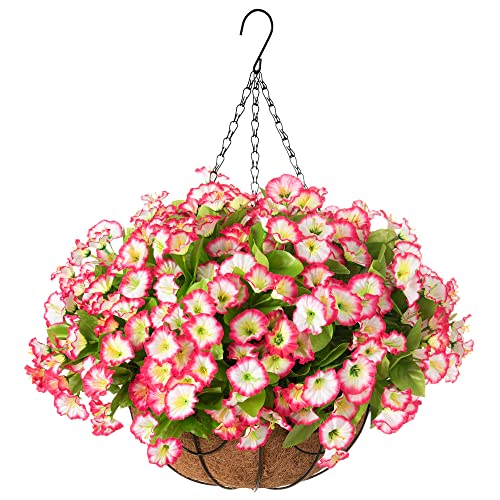 Ammyoo Artificial Hanging Flower Plants with Basket for Outdoor Decoration, Faux Petunias Flowers Fake Morning Glories Planter for Outside Patio Garden Porch Balcony Yard Decor(Pink) - color: Pink