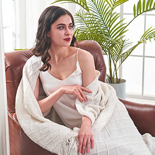 inhand Knitted Throw Blankets for Couch and Bed, Soft Cozy Knit Blanket with Tassel, Off White Lightweight Decorative Blankets and Throws, Farmhouse Warm Woven Blanket for Men and Women, 60"x80" - color: A(off White), size: 60"x80"