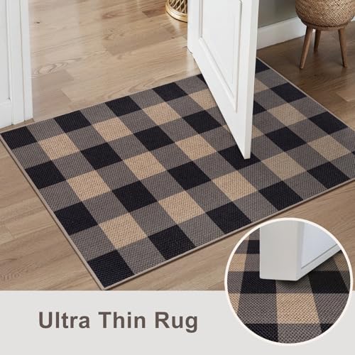 Tangsoo Checkered Easy Jute Rug, 2x3 Washable Ultra Thin Rug for Entryway Non-Slip Black Grey Outdoor Rug,Modern Front Door Mat Carpet for Kitchen Bedroom Porch Doorway - color: Grey Checkered, size: 2x3ft